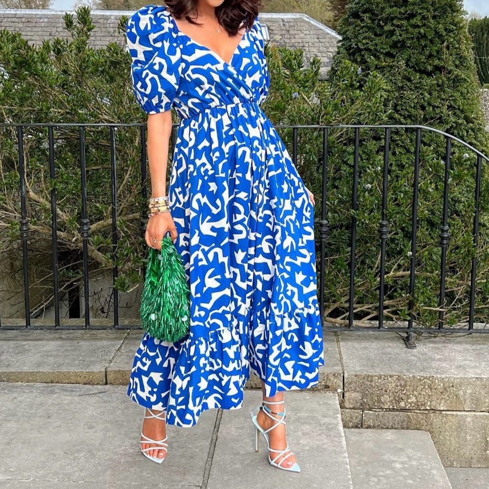 Zara blue and white maxi dress. Puff sleeve. Size S